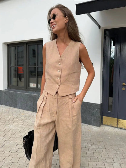 Conjunto de chaleco y pantalón plisado de lino