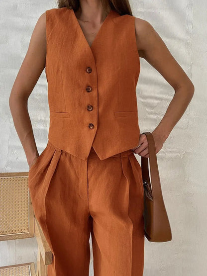 Conjunto de chaleco y pantalón plisado de lino