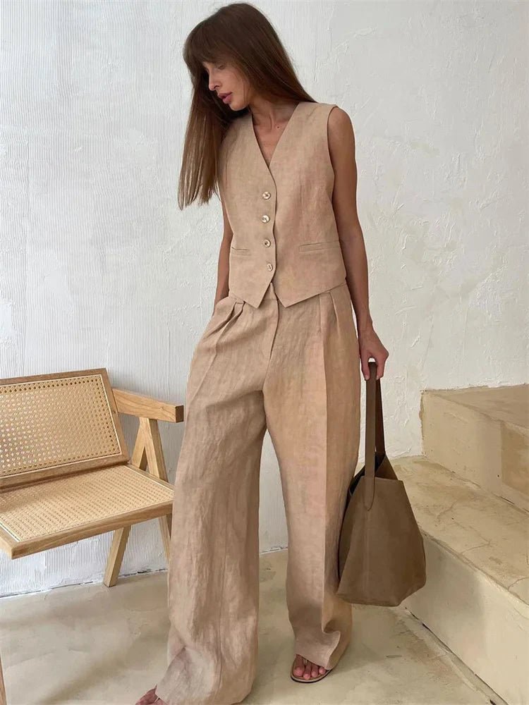 Conjunto de chaleco y pantalón plisado de lino