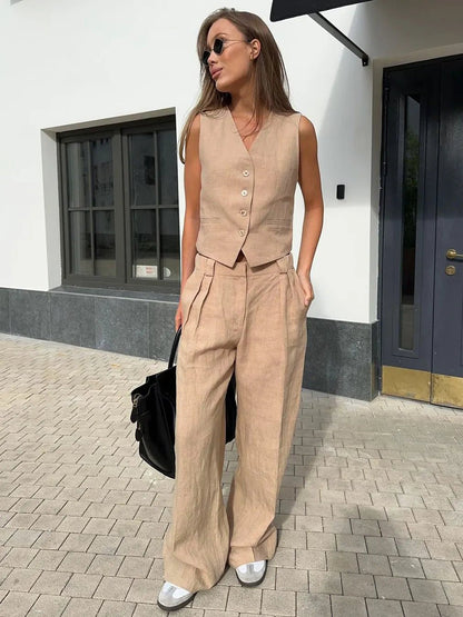Conjunto de chaleco y pantalón plisado de lino