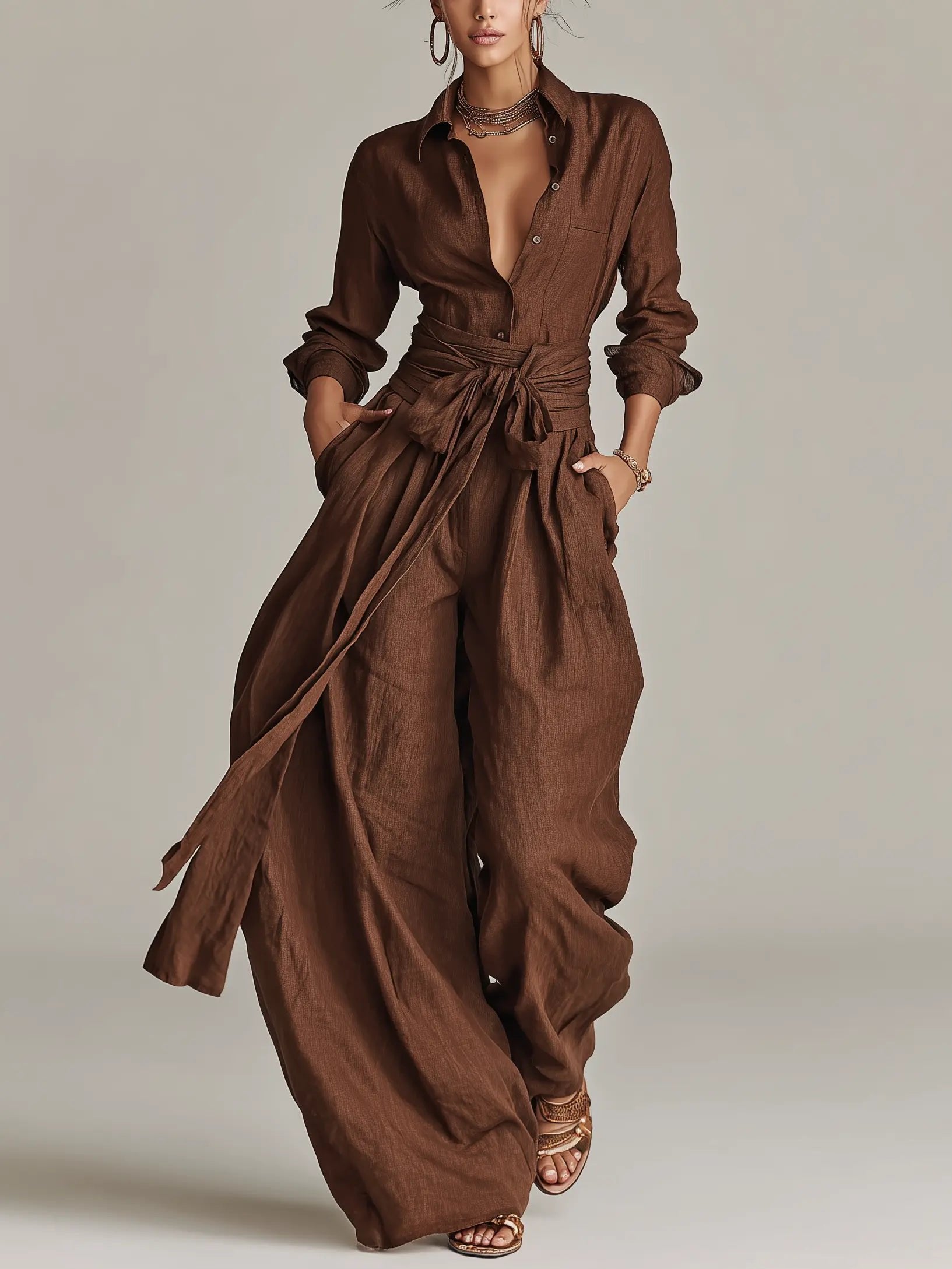 Damen Linen Langarm Hemdkragen Gürtel Jumpsuit