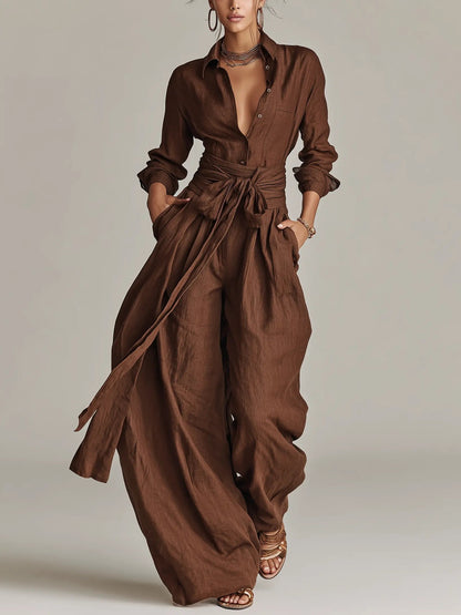 Damen Linen Langarm Hemdkragen Gürtel Jumpsuit