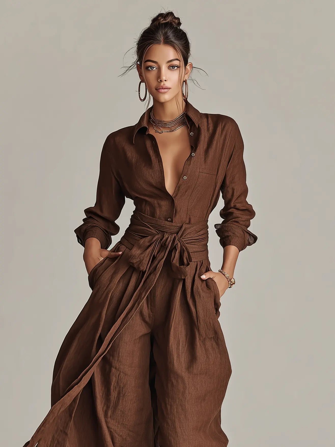 Conjunto de lino con cuello de camisa y cinturón para mujer - Elegante