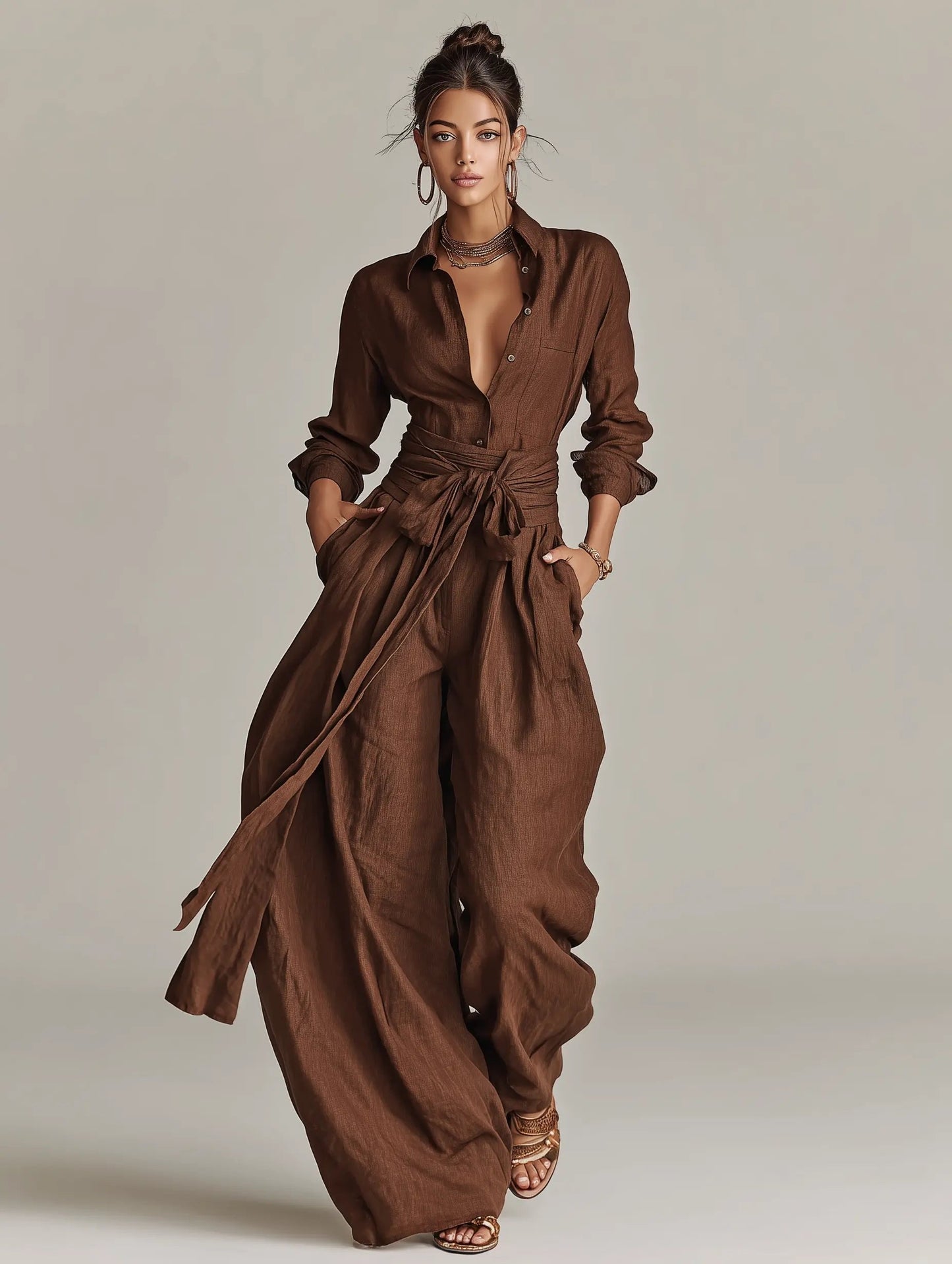 Conjunto de lino con cuello de camisa y cinturón para mujer - Elegante