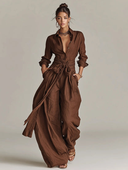 Conjunto de lino con cuello de camisa y cinturón para mujer - Elegante