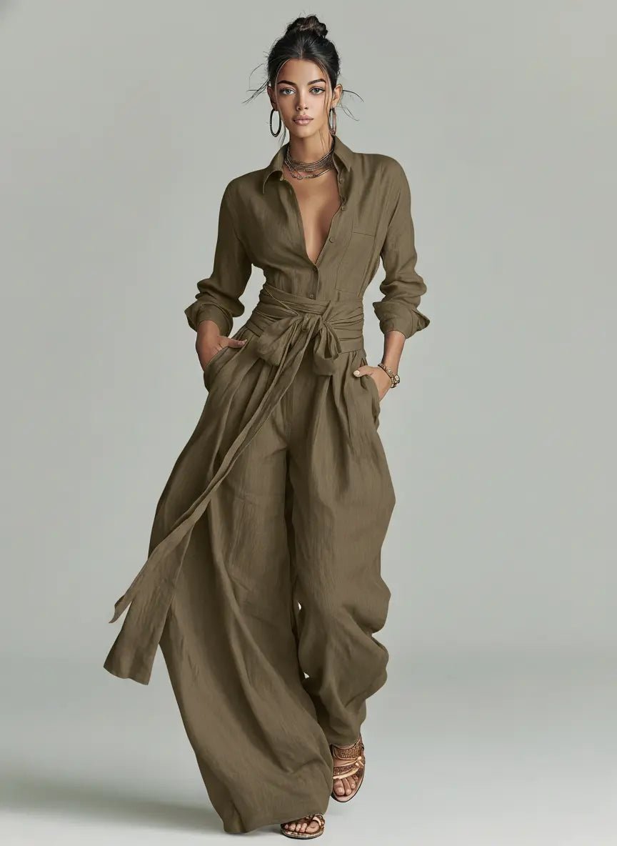 Damen Linen Langarm Hemdkragen Gürtel Jumpsuit