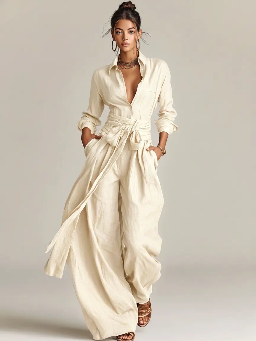 Conjunto de lino con cuello de camisa y cinturón para mujer - Elegante