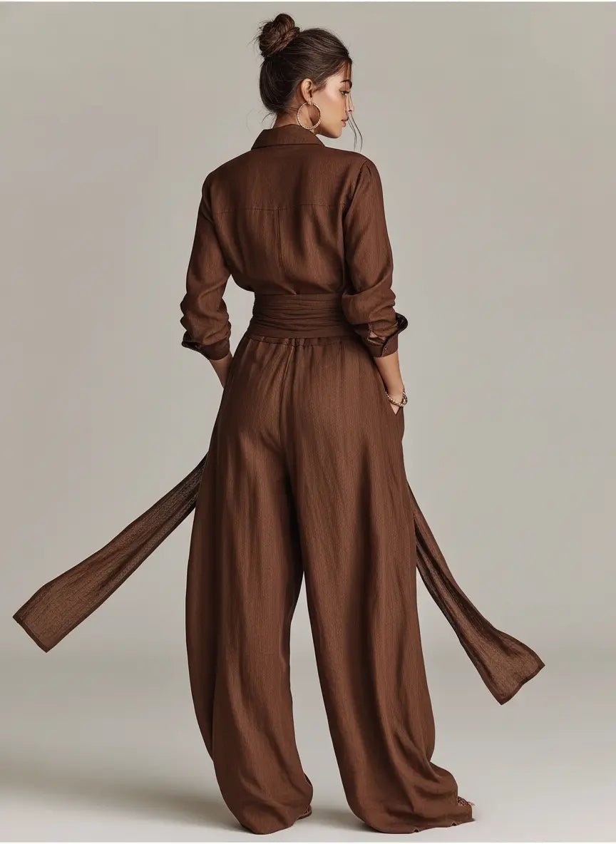 Conjunto de lino con cuello de camisa y cinturón para mujer - Elegante