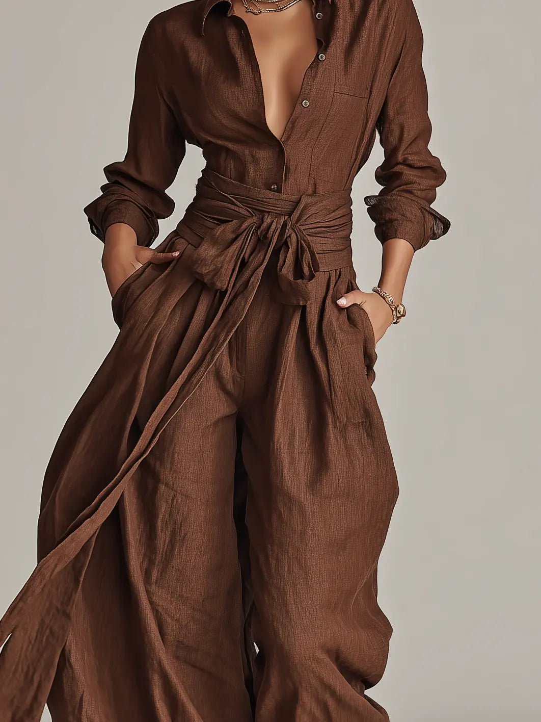 Conjunto de lino con cuello de camisa y cinturón para mujer - Elegante