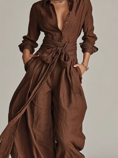 Conjunto de lino con cuello de camisa y cinturón para mujer - Elegante