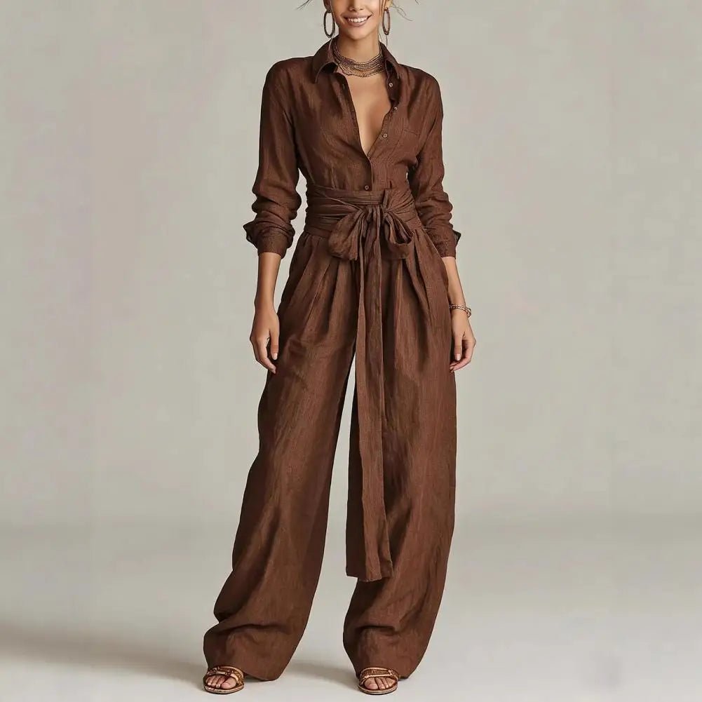 Conjunto coordinado de lino con camisa de cuello y pantalón de talle alto