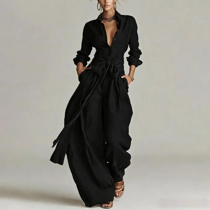 Conjunto coordinado de lino con camisa de cuello y pantalón de talle alto