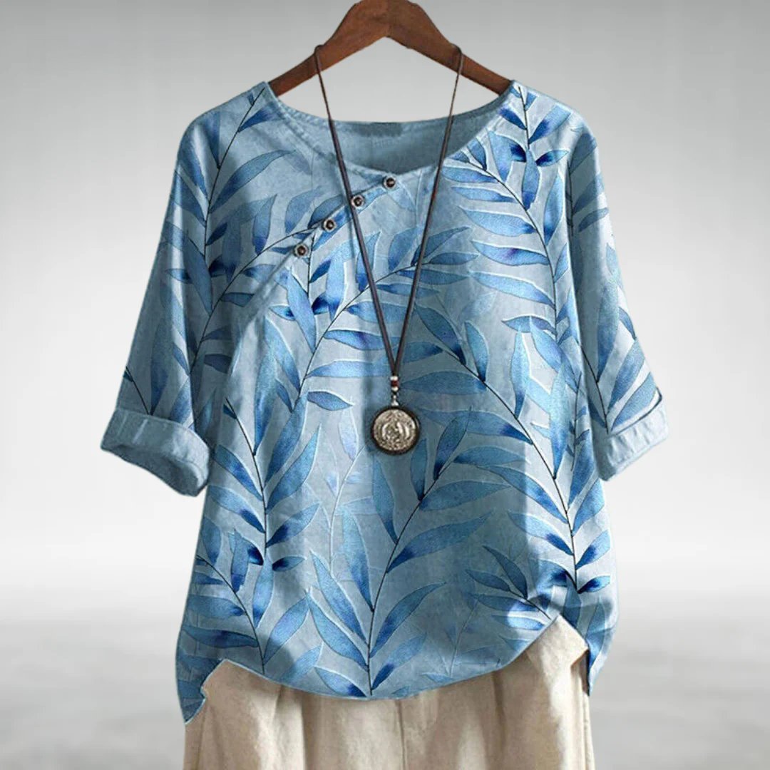 Damen Relaxed-Fit Leinen-Bluse mit Blätterprint und Rundhalsausschnitt - White