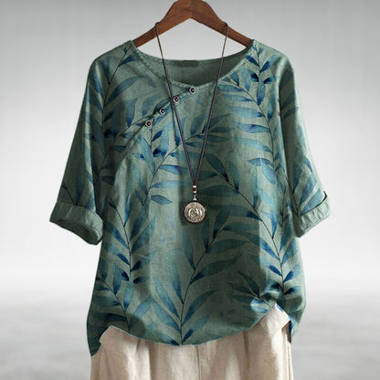 Blusa de lino relajada con estampado de hojas y cuello redondo para mujer