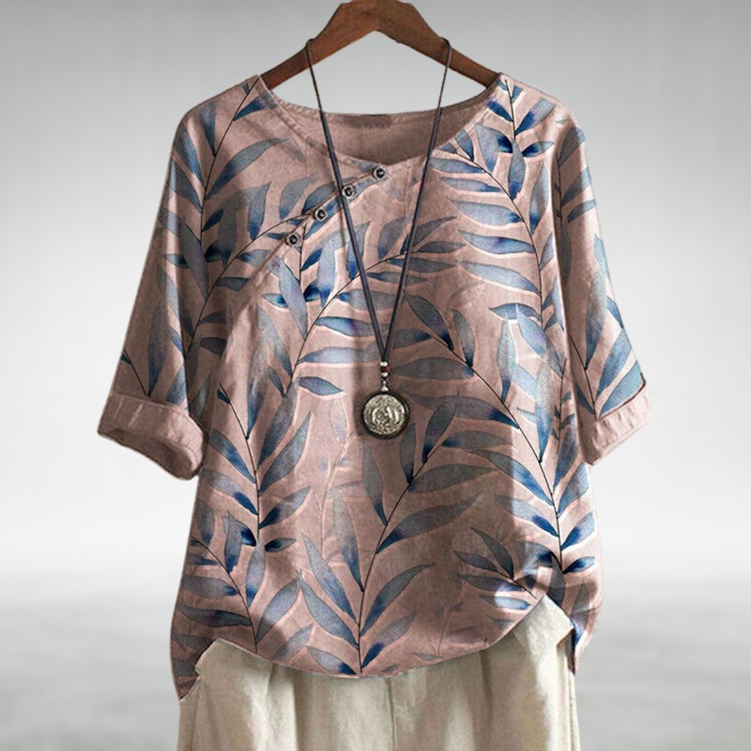 Blusa de lino relajada con estampado de hojas y cuello redondo para mujer