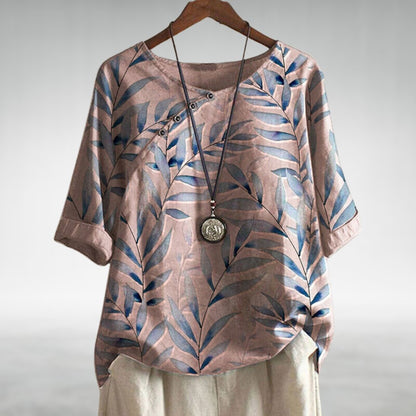 Blusa de lino relajada con estampado de hojas y cuello redondo para mujer
