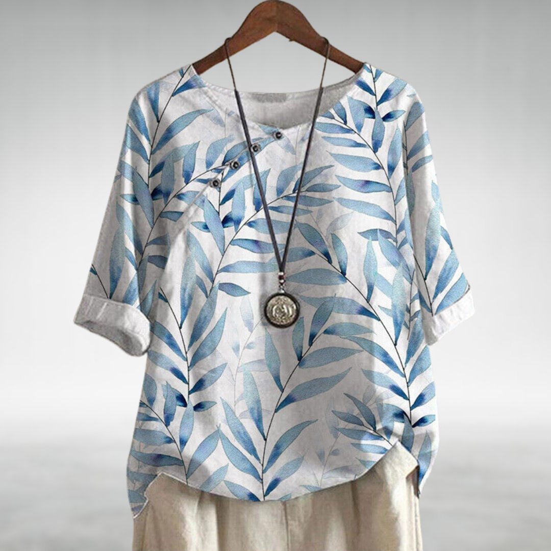 Blusa de lino relajada con estampado de hojas y cuello redondo para mujer