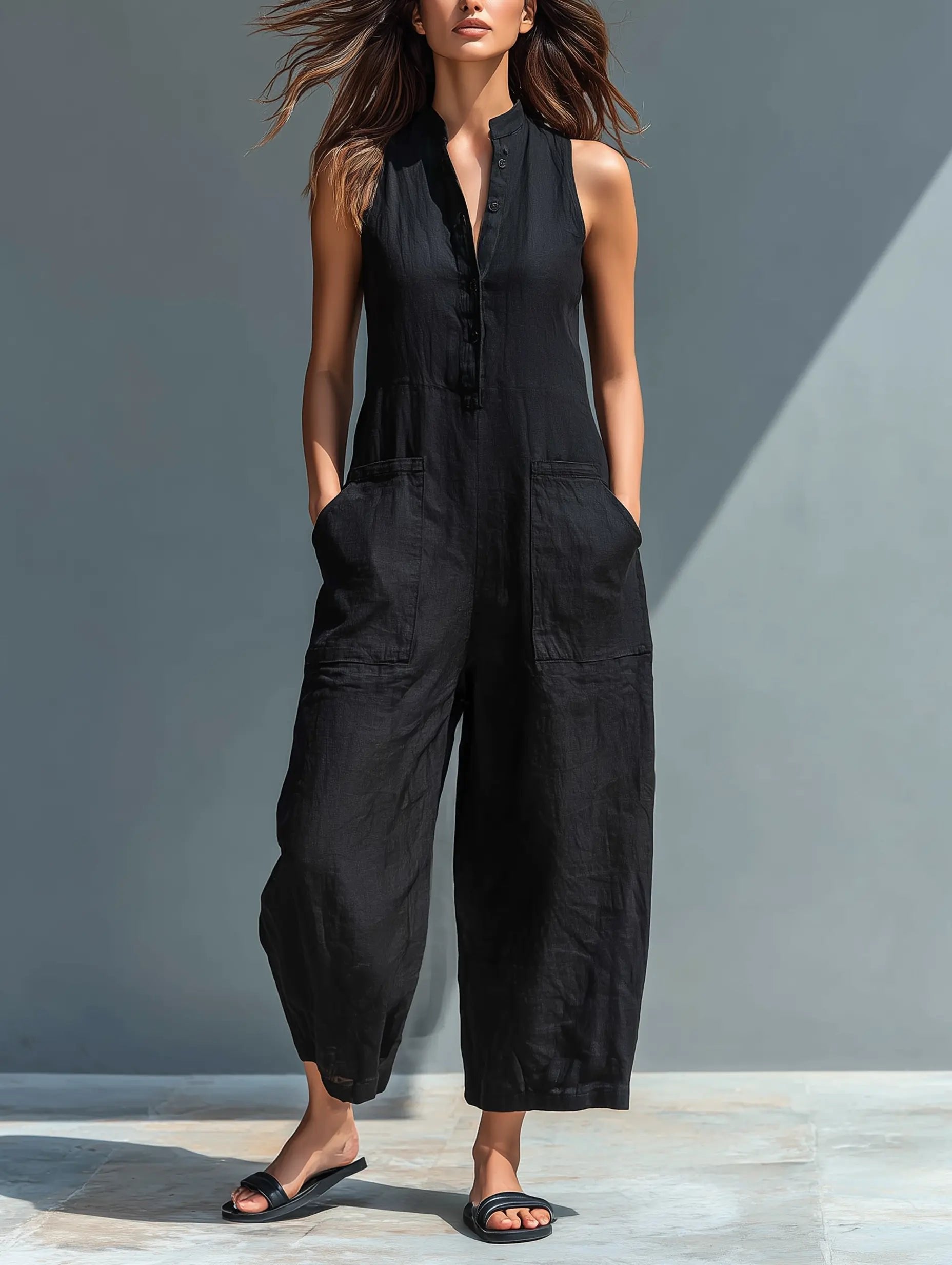 Damen Ärmellose Linen Button-Up Jumpsuit mit Stehkragen - Rust Red