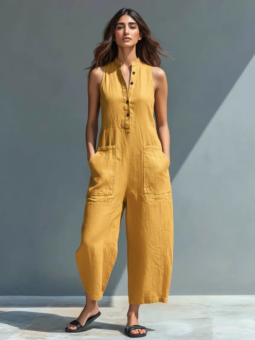 Damen Ärmellose Linen Button-Up Jumpsuit mit Stehkragen