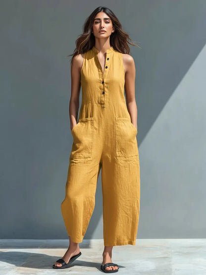 Damen Ärmellose Linen Button-Up Jumpsuit mit Stehkragen