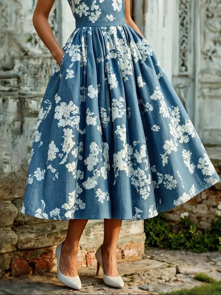 Vestido midi sin hombros de lino con estampado floral para mujer - Boho veraniego
