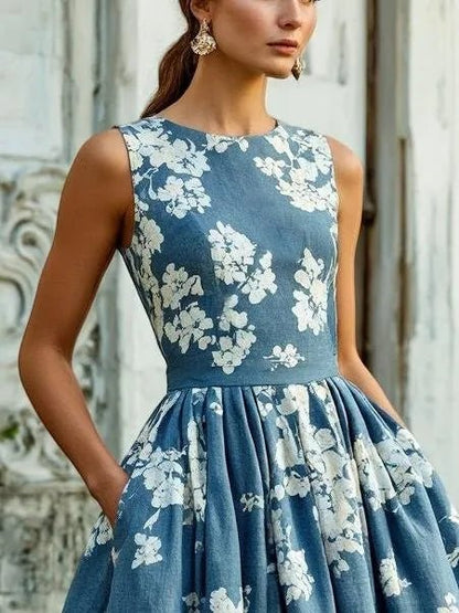 Vestido midi sin hombros de lino con estampado floral para mujer - Boho veraniego