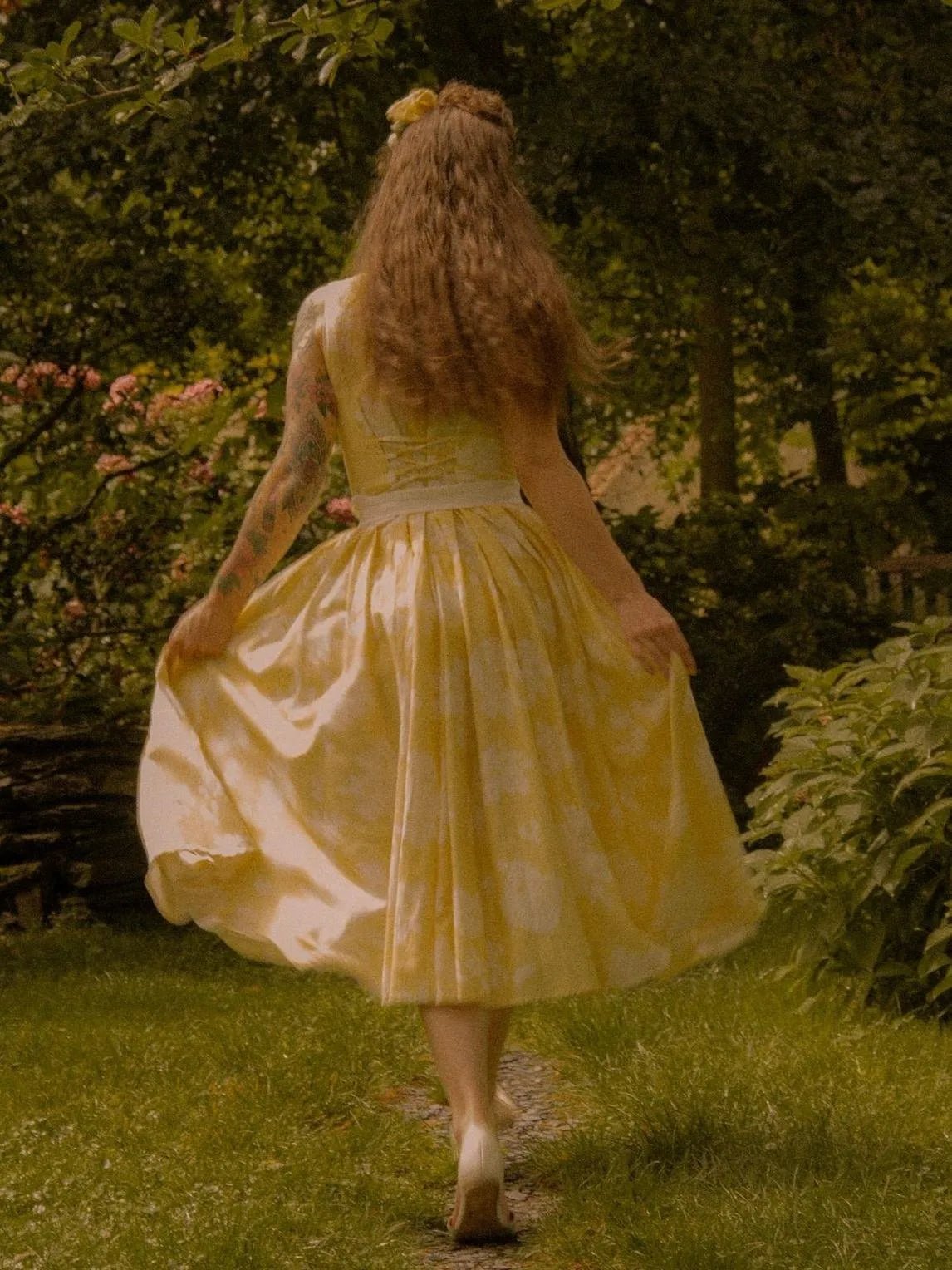 Vestido midi sin hombros de lino con estampado floral para mujer - Boho veraniego