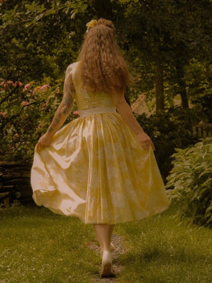 Vestido midi sin hombros de lino con estampado floral para mujer - Boho veraniego