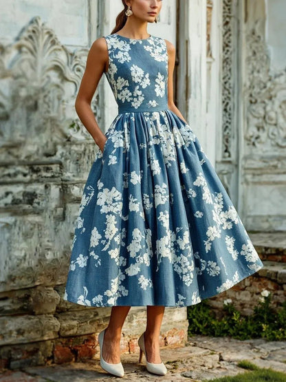 Damen Schulterfreies Leinen Midi-Kleid mit Blumenmuster