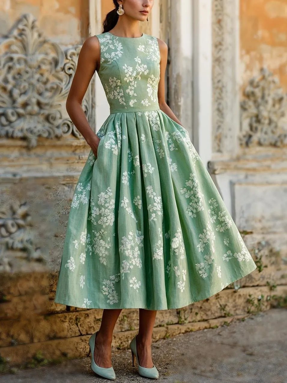 Damen Schulterfreies Leinen Midi-Kleid mit Blumenmuster