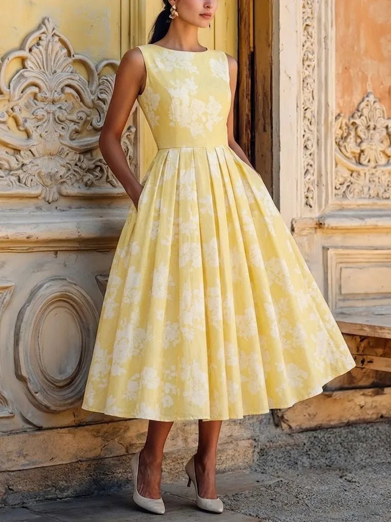 Damen Schulterfreies Leinen Midi-Kleid mit Blumenmuster