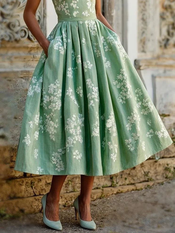 Vestido midi sin hombros de lino con estampado floral para mujer - Boho veraniego