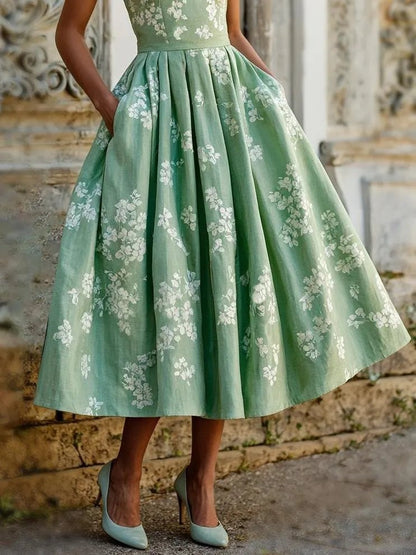 Vestido midi sin hombros de lino con estampado floral para mujer - Boho veraniego