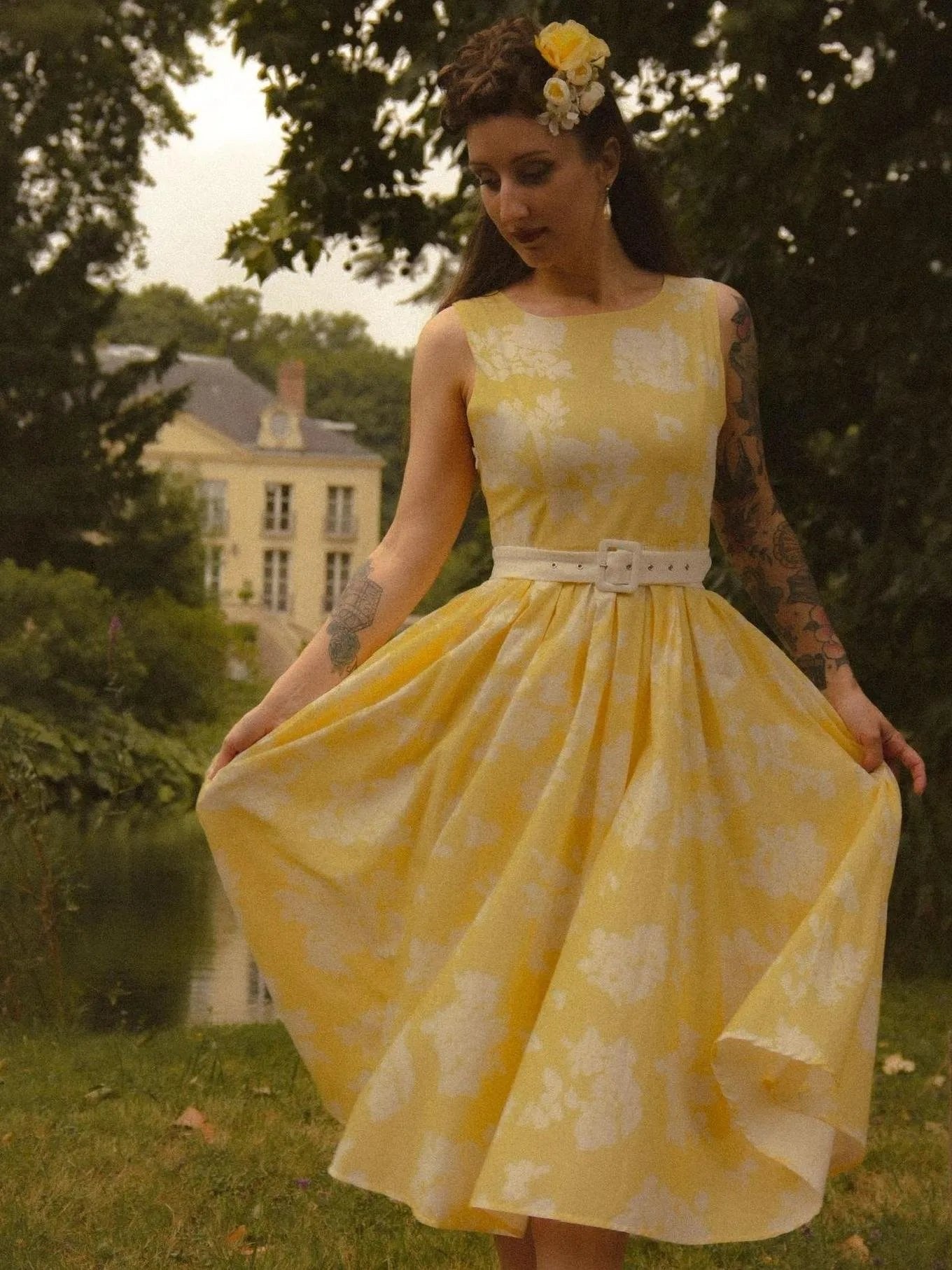 Vestido midi sin hombros de lino con estampado floral para mujer - Boho veraniego