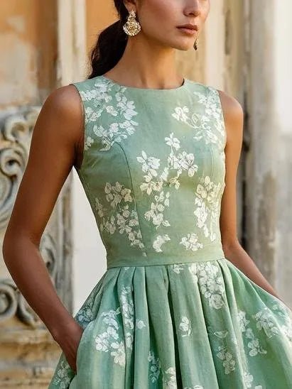 Vestido midi sin hombros de lino con estampado floral para mujer - Boho veraniego