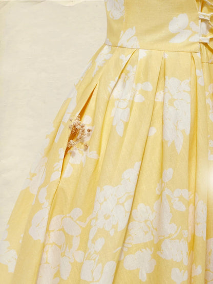 Vestido midi sin hombros de lino con estampado floral para mujer - Boho veraniego
