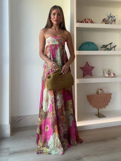 Vestido maxi sin mangas con estampado floral para mujer - Estilo romántico veraniego