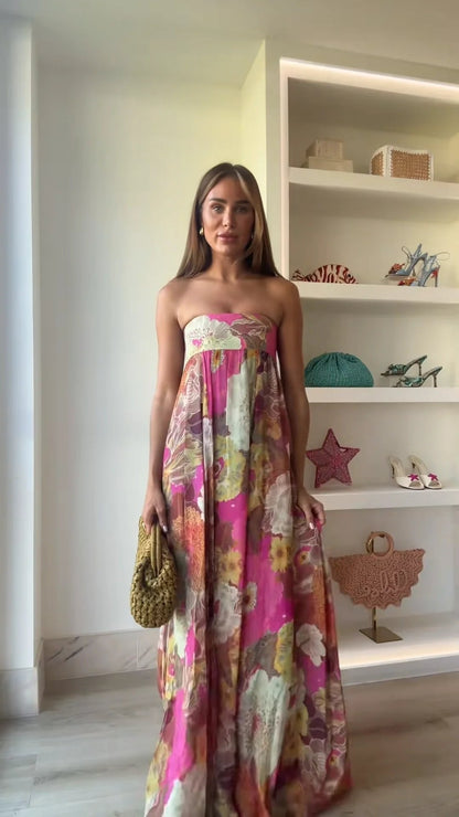 Damen Trägerlos Blumenmuster Maxi Hochzeitsgast Kleid