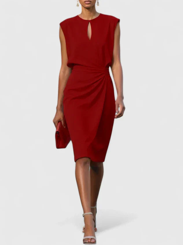 Vestido midi sofisticado con escote keyhole, drapeado lateral y corte entallado para mujer