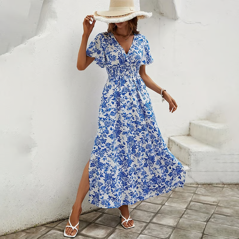 Delilah | Women's Floral V Neck Short Sleeve Maxi Dress - Blue - Image 4
