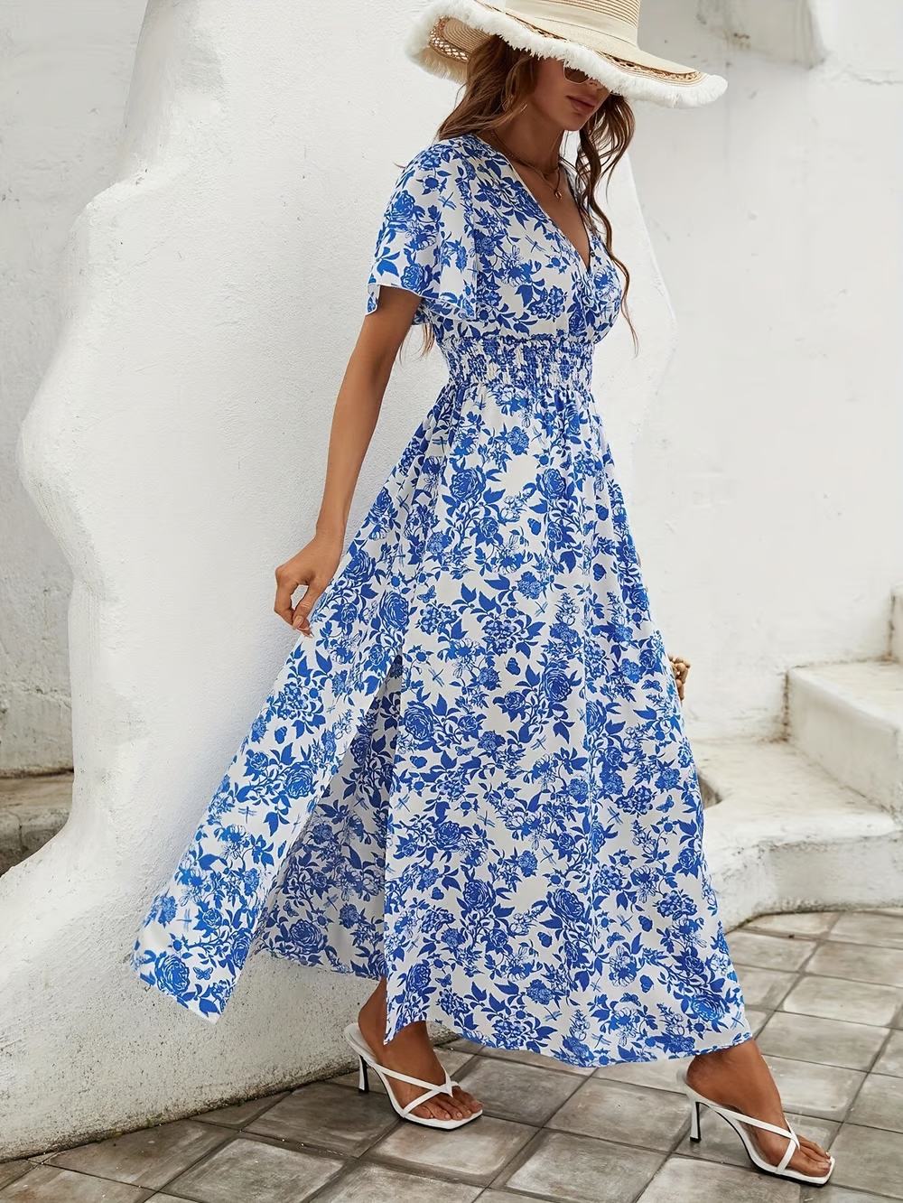 Vestido maxi floral con cuello en V y manga corta para mujer