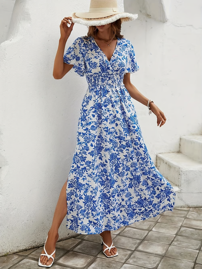 Vestido maxi floral con cuello en V y manga corta para mujer