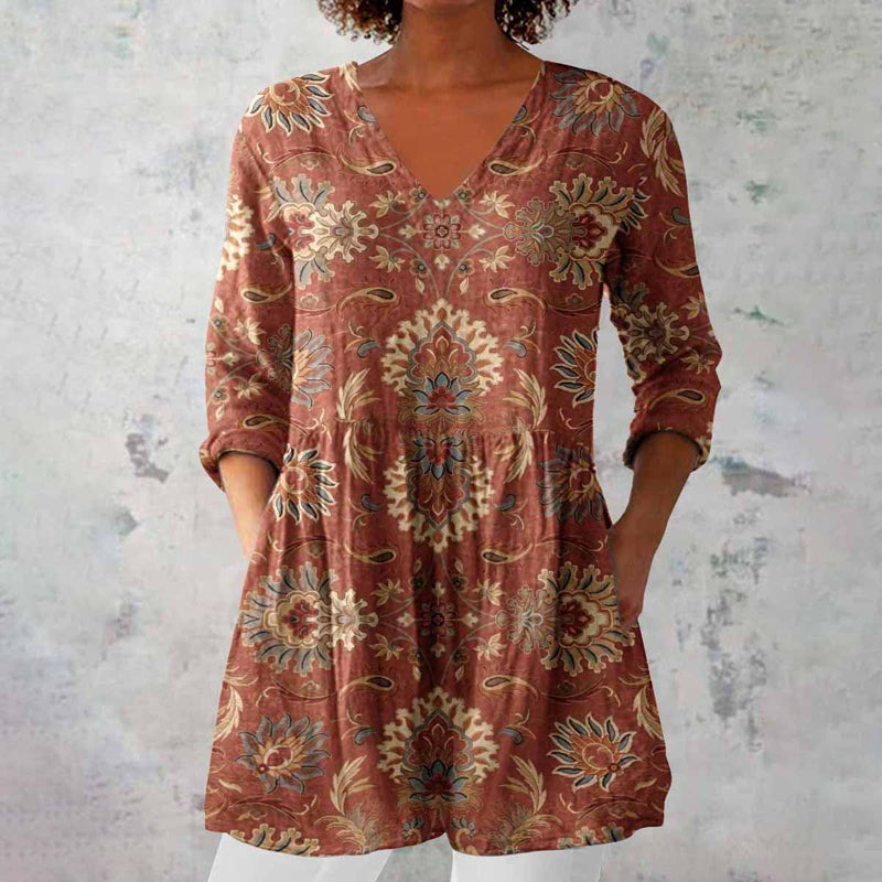 Delphine | Women's V-Neck 3/4 Sleeve Printed Tunic - Brown - Image 1