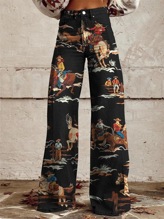 Denim Western Print High-Waist Wide-Leg Pants - Beige