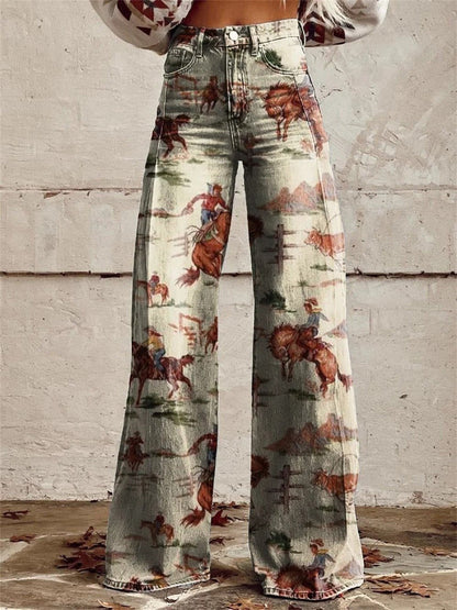 Pantalón Western Estampado Alto Talle Pierna Ancha
