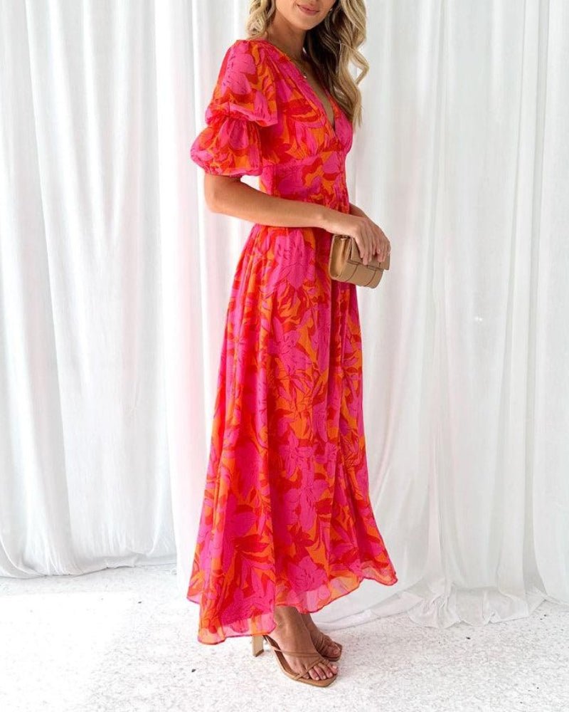 Vestido maxi rojo y rosa para mujer, ligero y elegante para verano o fiesta