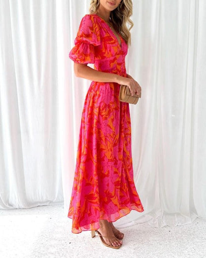 Vestido maxi rojo y rosa para mujer, ligero y elegante para verano o fiesta