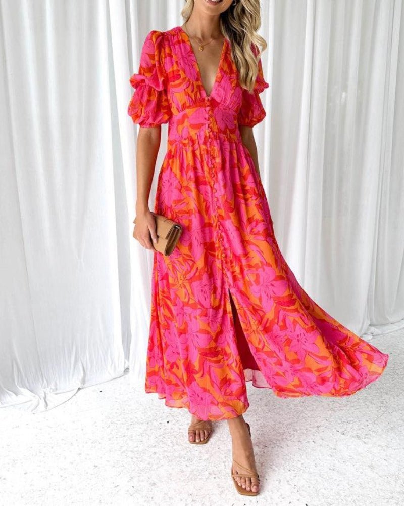 Vestido maxi rojo y rosa para mujer, ligero y elegante para verano o fiesta