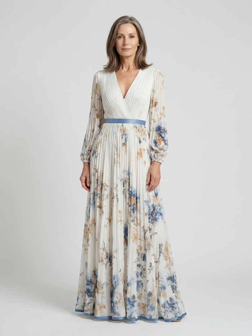 Vestido maxi manga larga con cuello en V floral - fresco y elegante