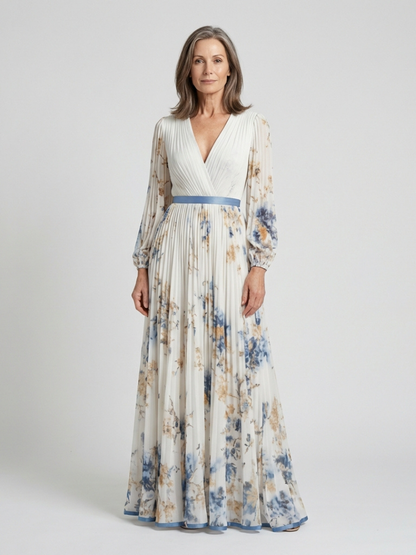 Vestido maxi manga larga con cuello en V floral - fresco y elegante